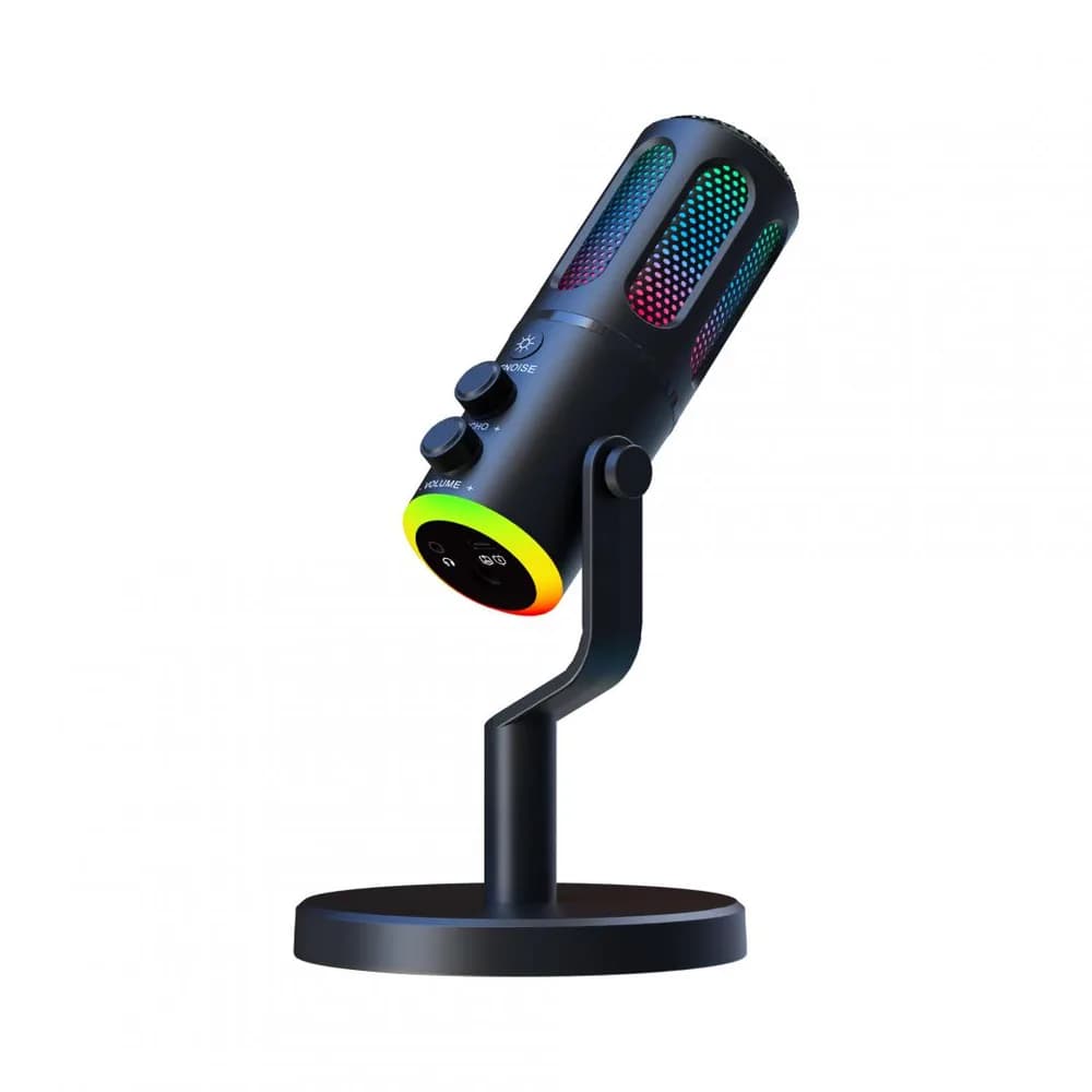 Microfon Gaming de birou Serioux SU8, condenser, unidirectional, frecventa raspuns 20-20KHz, sensibilitate maxima -11DBFS la 80 dB SPL, rata de esantionare 48KHz, rata de biti 16/24bit, raport semnal zgomot 75dB, interfata 3.5mm si USB-C, putere intrare 5V, 200mA, greutate 325g, iluminare RGB
