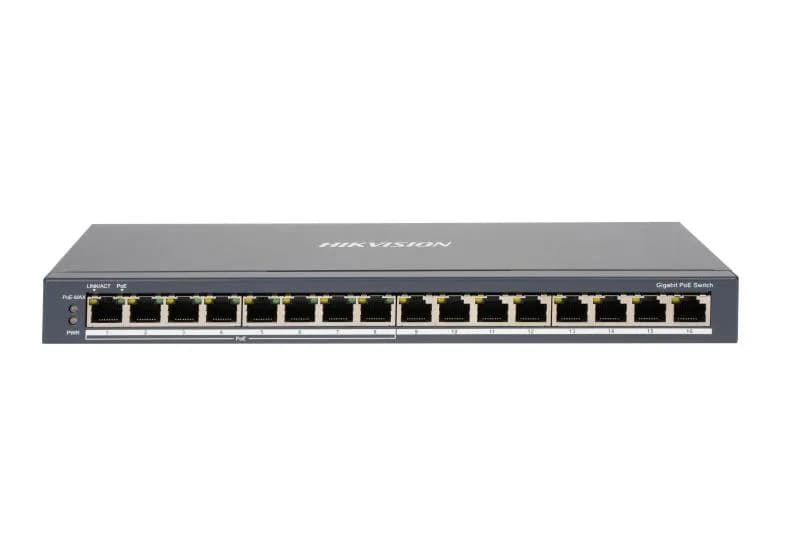 Switch PoE Hikvision DS-3E0516P-O: 8 × 1 Gigabit PoE port,8 × 1 Gigabit RJ45 port, PoE: Ports 1 to 8 maxim 30W, buget PoE 110W, tensiune alimentare 54 V DC, 2.22 A, dimensiuni: 286.0 mm × 103.35 mm × 27.8 mm, greutate: 1.418kg, montare pe birou sau perete.