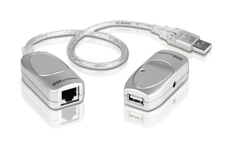 Extender USB Cat.5 ATEN UCE60-AT. Tipul: Transmițător și receptor, Tehnologia de conectare: Prin cablu, Maximă de transfer de la distanţă: 60 m. Tip port transmițător local tastatură/mouse: USB. Tip port receptor local tastatură/mouse: USB. Lăţimea transmiţător: 6,3 cm, Adâncime transmiţător: 3,1