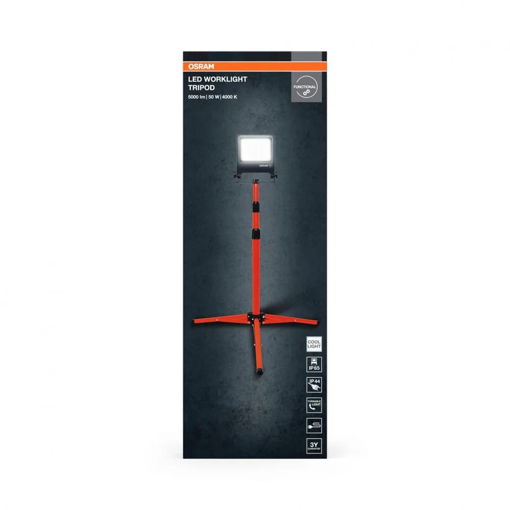 Proiector LED (lampa de lucru) cu stativ OSRAM Worklight Tripod, 50W,220-240V, 4500 lm, lumina neutra(4000K), IP65/IK06/IP44, inaltime ajustabila 1.8m, Aluminiu