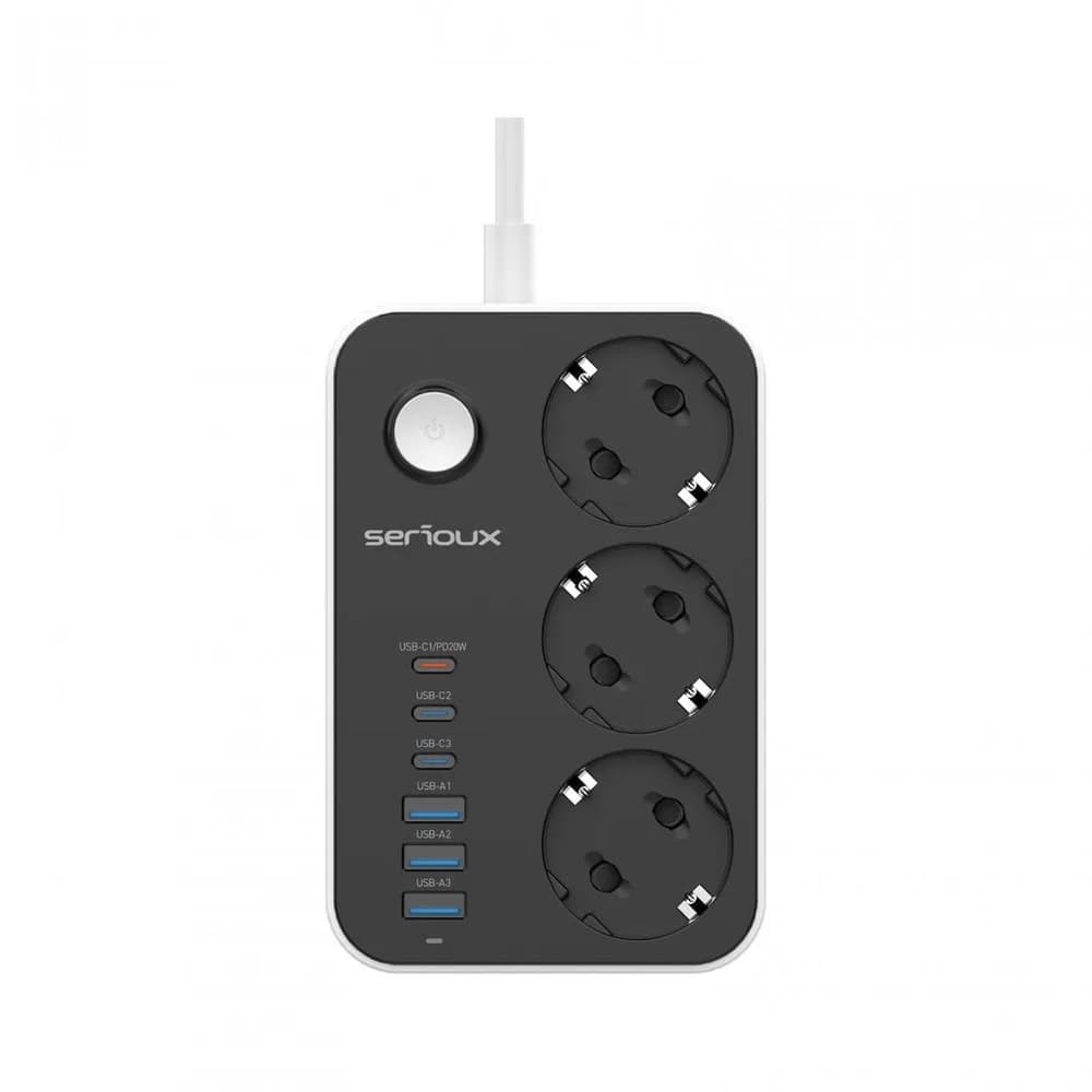 Prelungitor cu protectie Serioux SRXP-PS36B, 3 prize schuko Tensiune intrare: 100-240V, 50-60Hz Tensiune ieşire (total): 2500W – 10A 6 porturi USB (auto max): 15.5W USB-C2/C3/A1/A2/A3 - 12W USB-C1-20W Amperaj port USB (max): 3.4A Funcţie auto ID