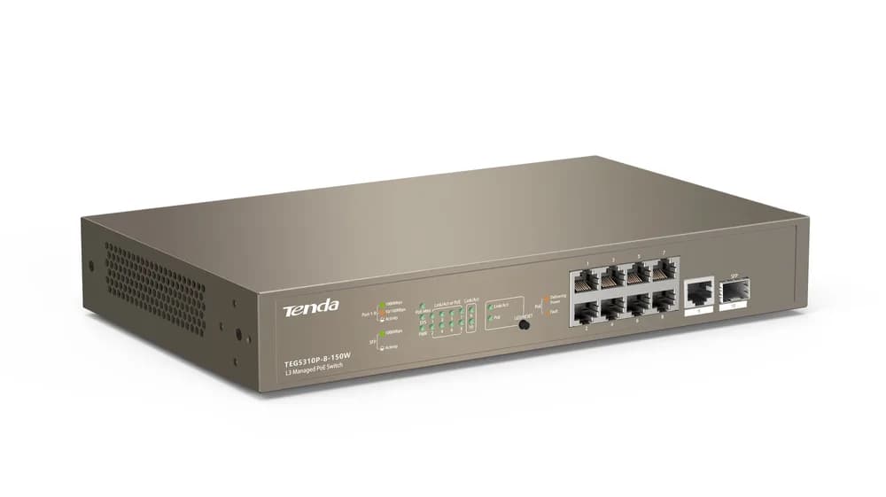SWITCH PoE Tenda cu management L3 cu 10 porturi (8 x GE PoE, 1 x GE, 1 x SFP) IEEE 802.3at/af, carcasa metalica, rackabil "TEG5310P-8-150W"