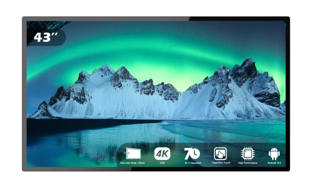 Display Touch EvoBoard Slim 43″ – 3840 × 2160 4K UHD, 260 cd/m², Rock Chip RK3576, 4 GB RAM + 64 GB, PCAP 10 puncte, sti