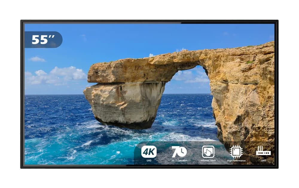 Display Touch EvoBoard 55″ – 3840 × 2160 4K UHD, IR Touch 20/40 puncte, 500 cd/m², HDMI IN, slot OPS, fără OS, model TP