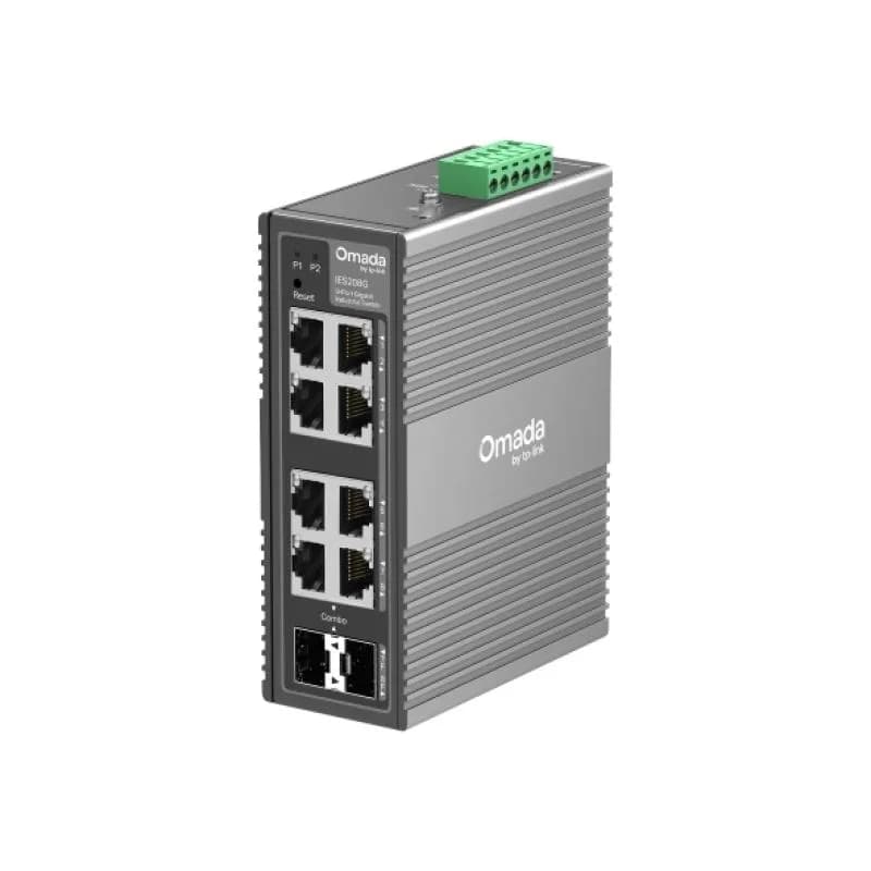 Omada 8-Port Gigabit Industrial Easy Managed Switch 8× Gigabit Ports (6× RJ45, 2× RJ45/SFP Combo) Professional Industrial-Grade Design: -40~75°C Operating Temperature, 6kV Lighting Protection, and 1+1 Redundant Power Input Abundant Features: VLAN, QoS, and STP/RSTP Centralized Cloud Management via