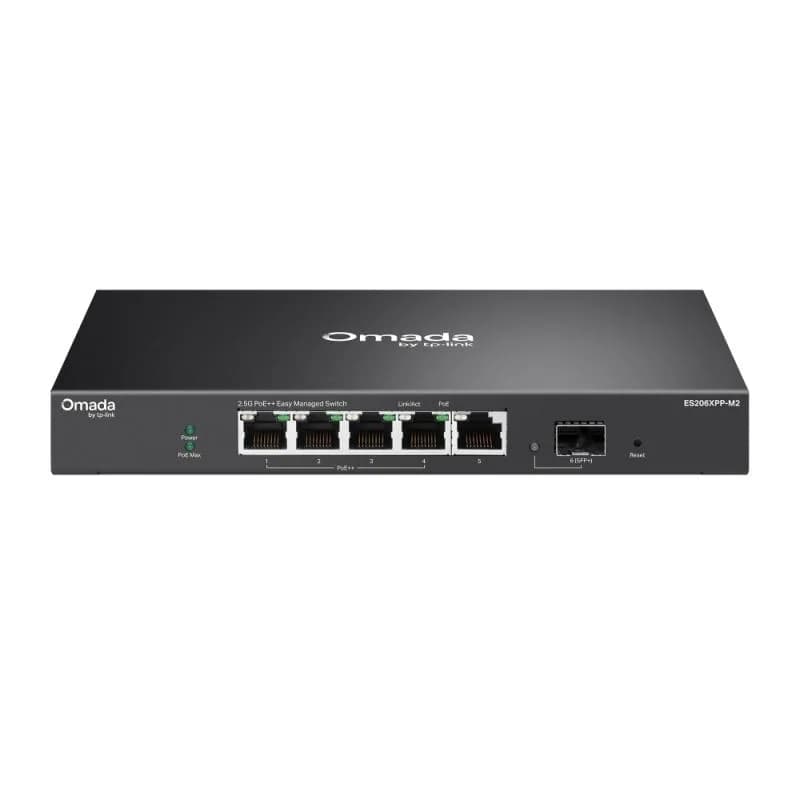Omada 5-Port 2.5GBASE-T and 1-Port 10GE SFP+ Easy Managed Switch with 4- Port PoE++ PORT: 4× 2.5G PoE++ Ports, 1× 2.5G Non-PoE RJ45 Port, 1× 10G SFP+ Slot SPEC: 802.3af/at/bt type3/bt type4, 120 W PoE Power, Desktop Steel Case and Fanless FEATURE: Centralized Management by Omada SDN Controller