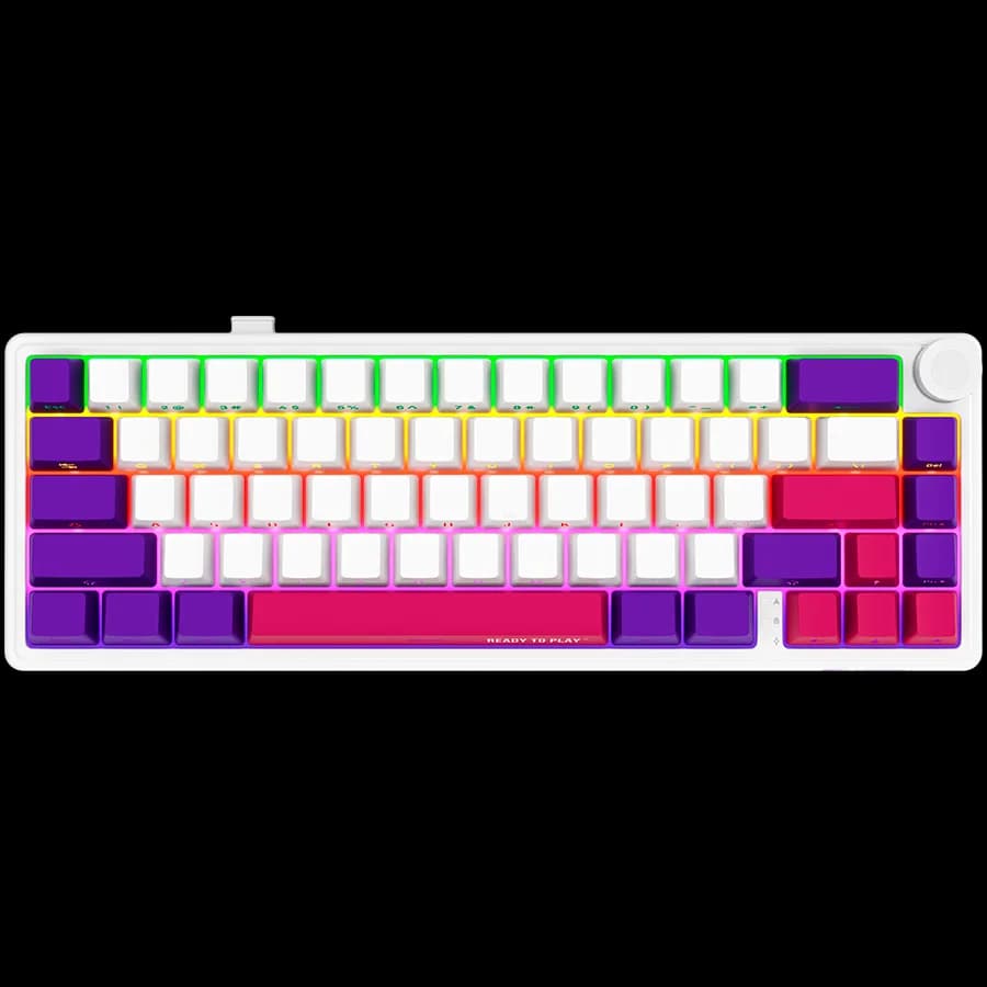Wireless mechanical gaming keyboard Pro, 2.4 GHz, BT, RGB Backlight, 16 modes, 66 keys, 50M presses, multimedia knob, built-in 3750 mAh battery, Hot Swap,cable 2.3m, white red purple "LRG-KBP70MW-WH-US"