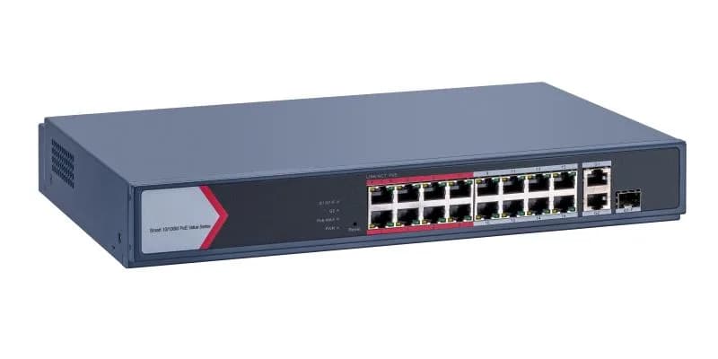 Switch PoE Hikvision DS-3E1318P-EI/M: 16 × 10/100 Mbps PoE port,1 × Gigabit combo,1 × Gigabit RJ45 port, 16 porturi PoE maxim 30W, buget PoE 130W, tensiune alimentare 100~240 V AC, 50/60 Hz, Max. 2.5 A., dimensiuni: 335.0 mm × 44.5 mm × 226.00 mm, greutate: 1.8kg.