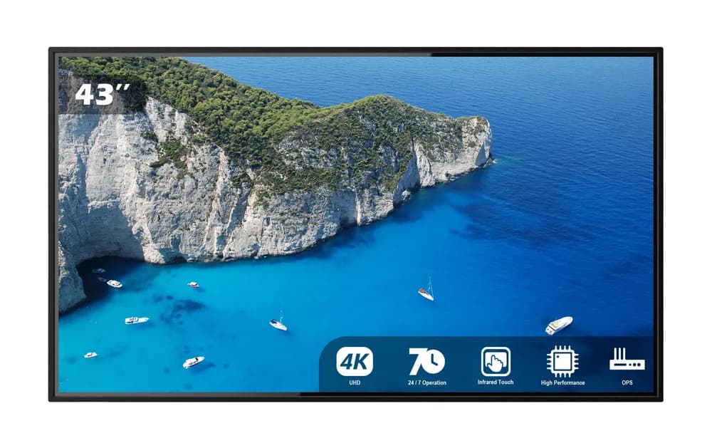 Display Touch EvoBoard 43″ – 3840 × 2160 4K UHD, IR Touch 20/40 puncte, 500 cd/m², HDMI IN, slot OPS, fără OS, model TP