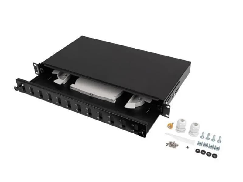 Patch panel fibră rack 19" 1U 12x SC duplex / 12x LC quad, negru + accesorii