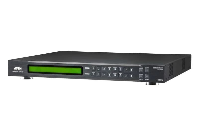 ATEN VM5808H-AT-G. Tipul de produs: Comutator matrice scalare, Rata de transfer de date: 6,75 Gbit/s, Tact maxim pixel: 225 MHz. Culoare carcasă externă: Negru, Material carcasă: Metal. Consum de energie (tipic): 56,5 W, Tensiune AC intrare: 100 - 240 V, Frecvență de intrare AC: 50 - 60 Hz. Produse