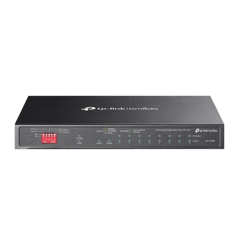 Omada 10-Port Gigabit Desktop Switch with 8-Port PoE+ PORT: 8× Gigabit PoE+ Ports, 2x Gigabit Non-PoE Ports, 1× Combo Gigabit SFP Slot SPEC: 802.3at/af, 123 W PoE Power, Desktop Steel Case FEATURE: Extend Mode for 250m PoE Transmitting, Priority Mode for Port1-2, Isolation Mode, PoE Auto Recovery