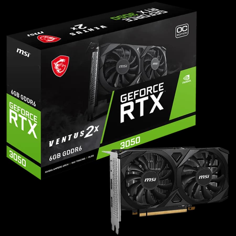 MSI Video Card Nvidia GeForce RTX 3050 VENTUS 2X E 6G OC, 6GB GDDR6, 96bit, Boost: 1492 MHz, PCIe 4.0, 1x DP 1.4a, 2xHDMI 2.1a, RAY TRACING, Dual Fan, 300W, 3Y "RTX_3050_VENTUS_2X_E_6G_OC"