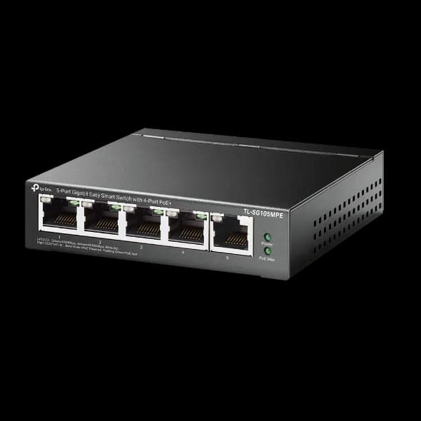 "5-Port Gigabit Easy Smart Switch with 4-Port PoE+ PORT: 4× Gigabit PoE+ Ports, 1× Gigabit Non-PoE Ports SPEC: 802.3af/at, 120 W PoE Power, Desktop Steel Case FEATURE: PoE Auto Recovery, MTU/Port/Tag-based VLAN, QoS, IGMP Snooping, Web/Utility Management, Plug and Play"