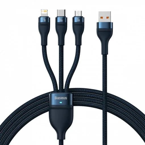 CABLU alimentare si date Baseus Flash Series II One-for-three, pt. smartphone, USB si USB Type-C la Micro-USB+Lightning+USB Type-C 66W, 1.2m, albastru "CASS040003" - 6932172618117