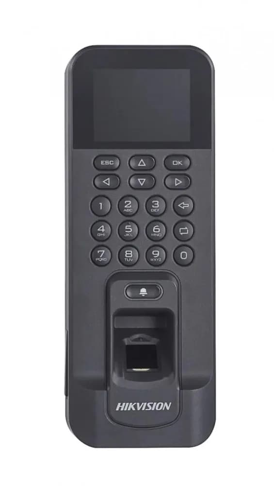 Controler de acces biometric stand alone Hikvision cu tastatura si cartele de proximitate MIFARE, DS-K1T804AMF; Capacitate de stocare: 3,000cartele, 3,000 amprente si 100,000 evenimente; Suporta functii de Access Control si Time Attendance; display LCD2.4-inch; Distanta de citire: 0-5cm