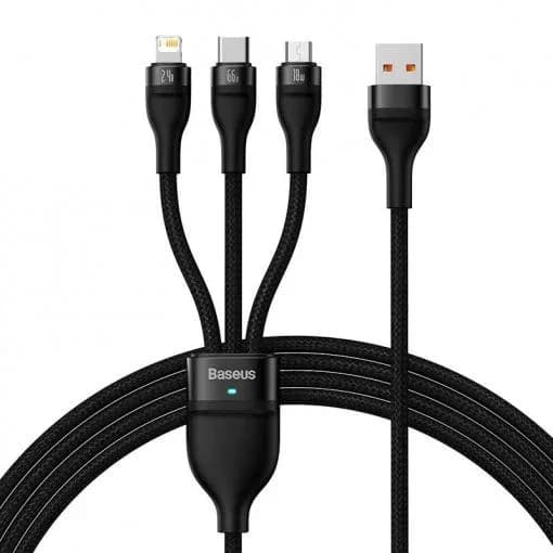 CABLU alimentare si date Baseus Flash, One-for-three Retractable, pt smartphone,USB la Micro-USB+Lightning + USB Type-C 66W, 1.2m, negru "CASS040001" - 6932172618100