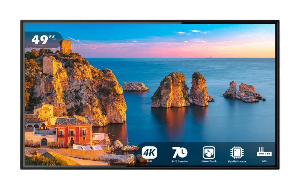 Display Touch EvoBoard 49″ – 3840 × 2160 4K UHD, IR Touch 20/40 puncte, 500 cd/m², HDMI IN, slot OPS, fără OS, model TP