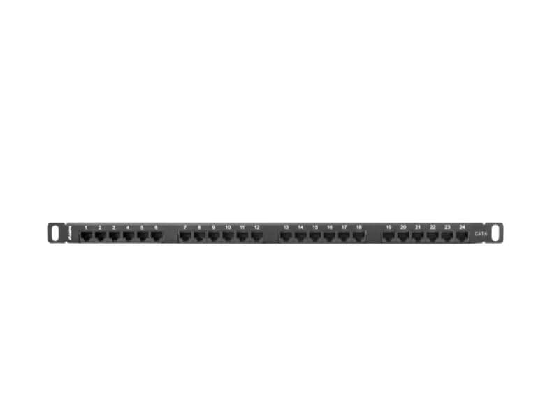 Patch panel 24 porturi 0,5U 19" Cat.6 UTP cu organizator cabluri, negru