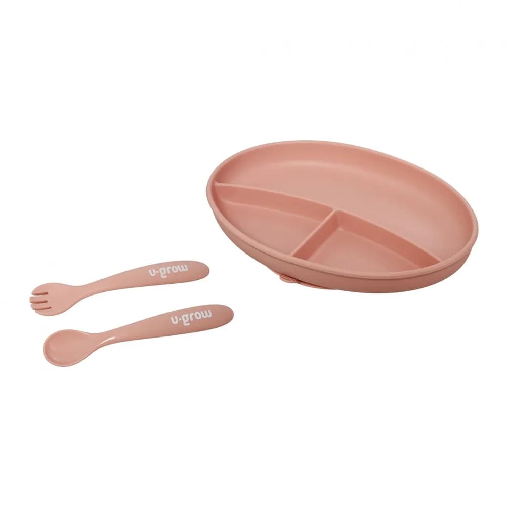 Set farfurie cu lingurita si furculita silicon, roz, U-Grow