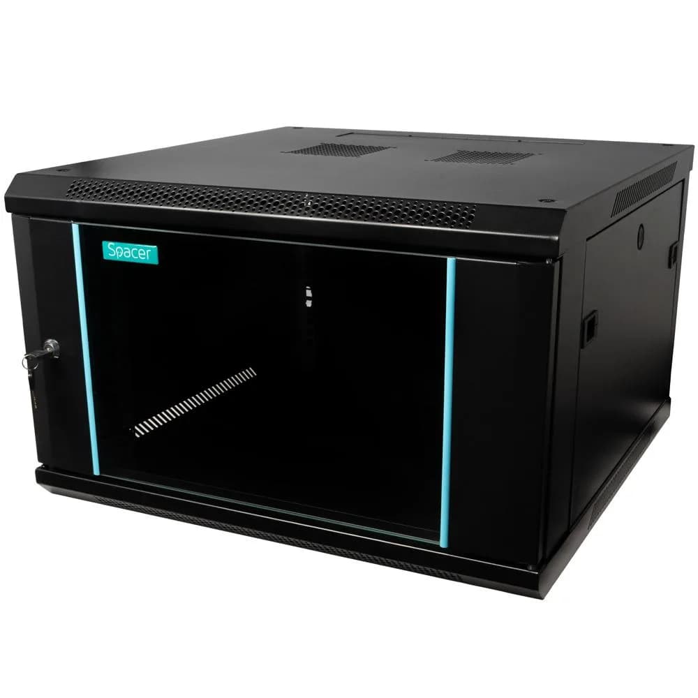 CABINET 19″ SPACER 6U 600x600mm, fixare pe perete, Flatpack (dezasamblat), Black, usa sticla cu blocare, panouri detasabile, otel 1.5mm, sarcina maxima 60Kg
