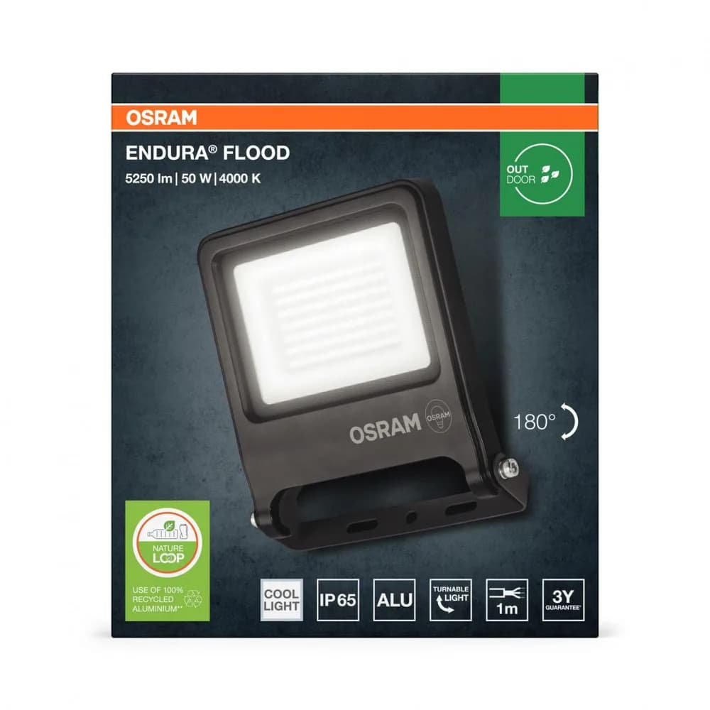 Proiector LED OSRAM ENDURA FLOOD, 50W, 220-240V, 4500 lm, lumina neutra(4000K), IP65, 245x210x43mm, aluminiu, Gri