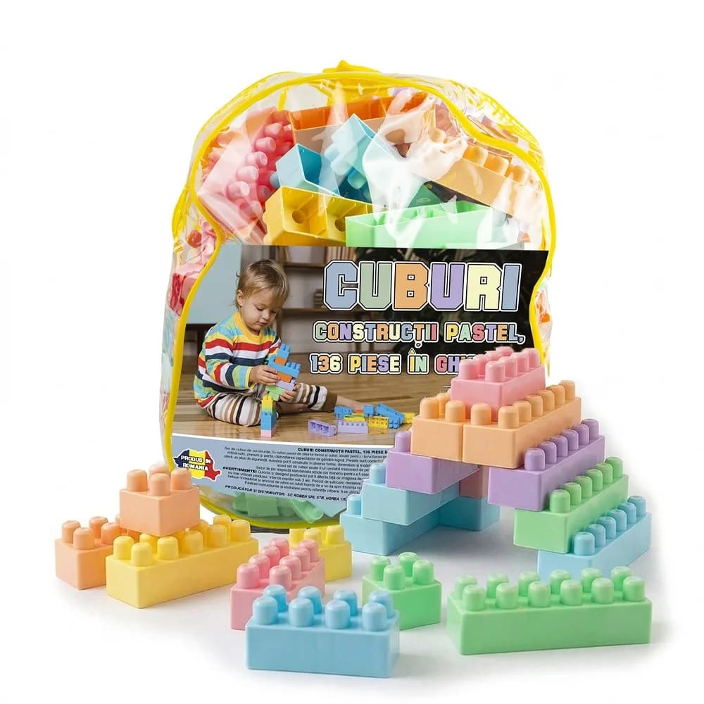 Cuburi constructii, pastel, 136 piese/ghiozdan - ROBENTOYS