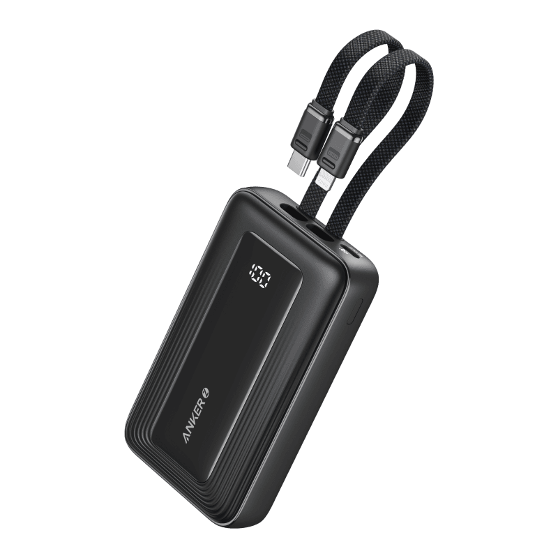 Acumulator extern Anker 10000 mAh 35W cu 2 cabluri incorporate USB-C negru