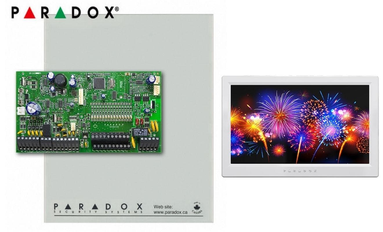 Centrala Paradox SP5500+ cu cutie cu traf si Touch Screen TM70 cu licenta; 5 intrari de zona sau 10 cu ATZ, extensibila la 32 zone; extensibila la 16 iesiri PGM - (2 pe placa) ;sursa alimentare in comutaţie: 1.1A; Consum iesire Aux: Nominal 600mA - Maxim 700mA (protectie electronica); contine
