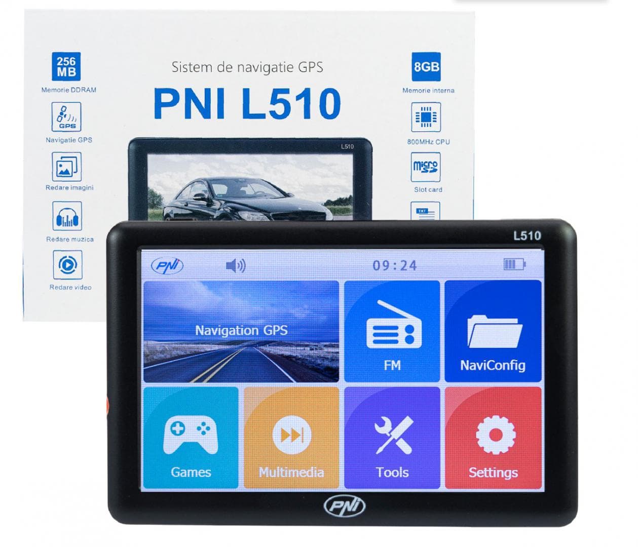 Sistem de navigatie GPS PNI L510 ecran 5 inch, 800 MHz, 256MB DDR2, 8GB memorie interna, FM transmitter, Sistem de operare: Windows CE 6.0, Rezoluţie ecran: 800 x 480 pixeli, Aspect ecran: 16:9, Procesor: 800Mhz, fara harti incluse.