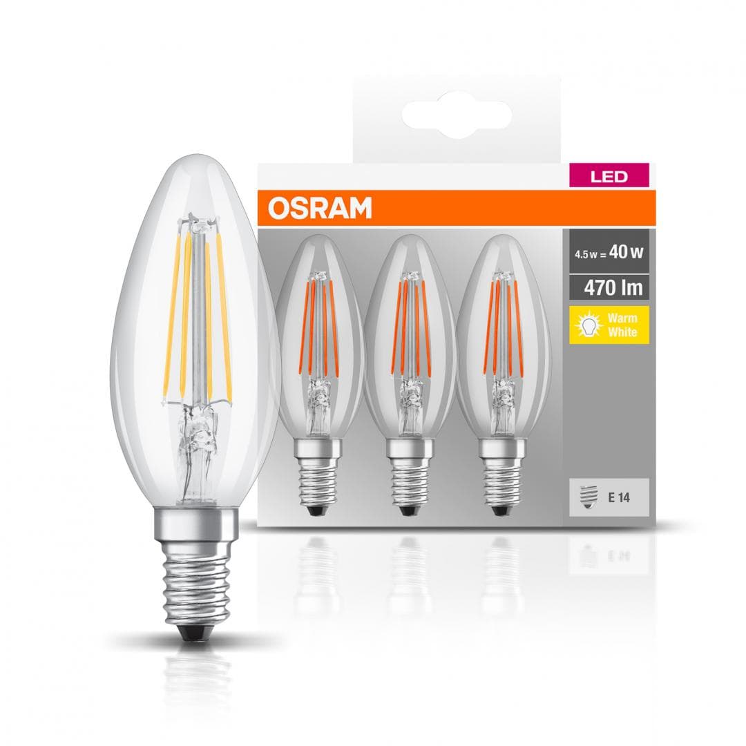 3 Becuri LED Osram Base Classic B, E14, 4W (40W), 470 lm, luminacalda(2700K), cu filament