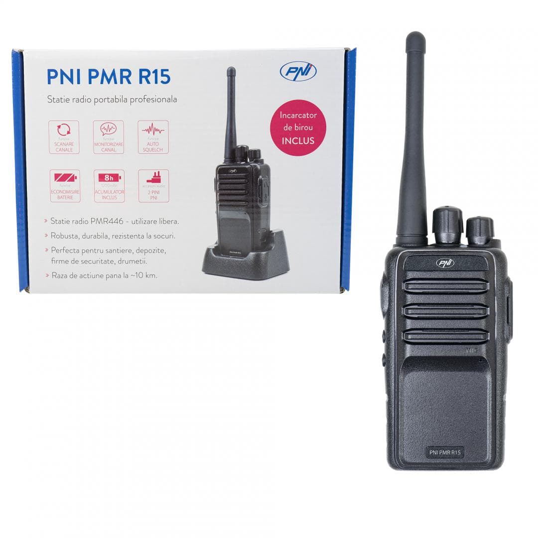 Statie radio portabila profesionala PNI PMR R15 0.5W, ASQ, TOT, monitor, programabila, acumulator 1200mAh, Distanta de lucru: Urban: 2km, Camp deschis: 5km, munte: 10km, Frecventa:446Mhz, Putere de emisie: 0,5 W PMR, Acumulator Li-Ion 7,4V (1200 mAh), Greutate: 189gr, Dimensiuni: 55 X 33 X 95 mm