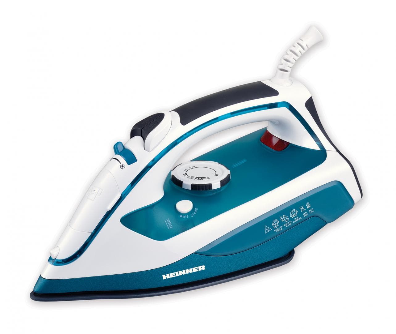 Fier de calcat Soft Turquoise Heinner HSI-2400TQ, talpa din ceramica, calcare uscata/cu abur/cu jet de abur/spray, auto-curatare, anti- picurare, anit-calcar, rezervor apa: 300ml, debit de abur: 16+-4g/min, jet de abur: 108g/min, putere: 2400W