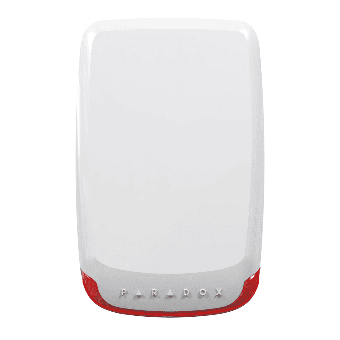 Sirenă wireless de exterior cu lumina stroboscopica, 100dB • consum mod standby: 5.75 μA, Maxim: 450 mA • opțiuni culoare lentilă - roșu, albastru, galben • rezistență la intemperii • grad protecție IP: IP54 • senzor de temperatură • alimentare 12V • durată de viață a bateriei de până la ~5 ani (3 x