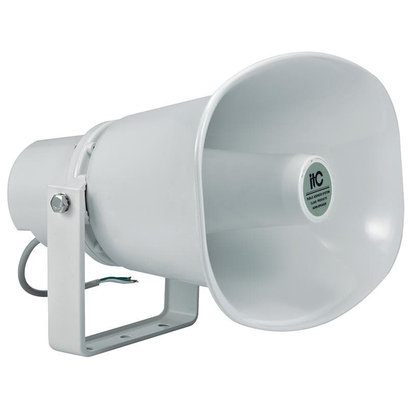 Goarna pentru exterior (waterproof horn speaker) ITC T-720A, pentru sisteme de Public Address (PA), trepte 15W-30W @ 100V, SPL(1W/1M) 103dB± 3dB, frequency response 300-13KHz, impedance Black: Com Green: 670Ω White: 330Ω, material ABS, culoare alba, IP66, dimensiuni 282 x 210 x 290mm, greutate 2.1Kg
