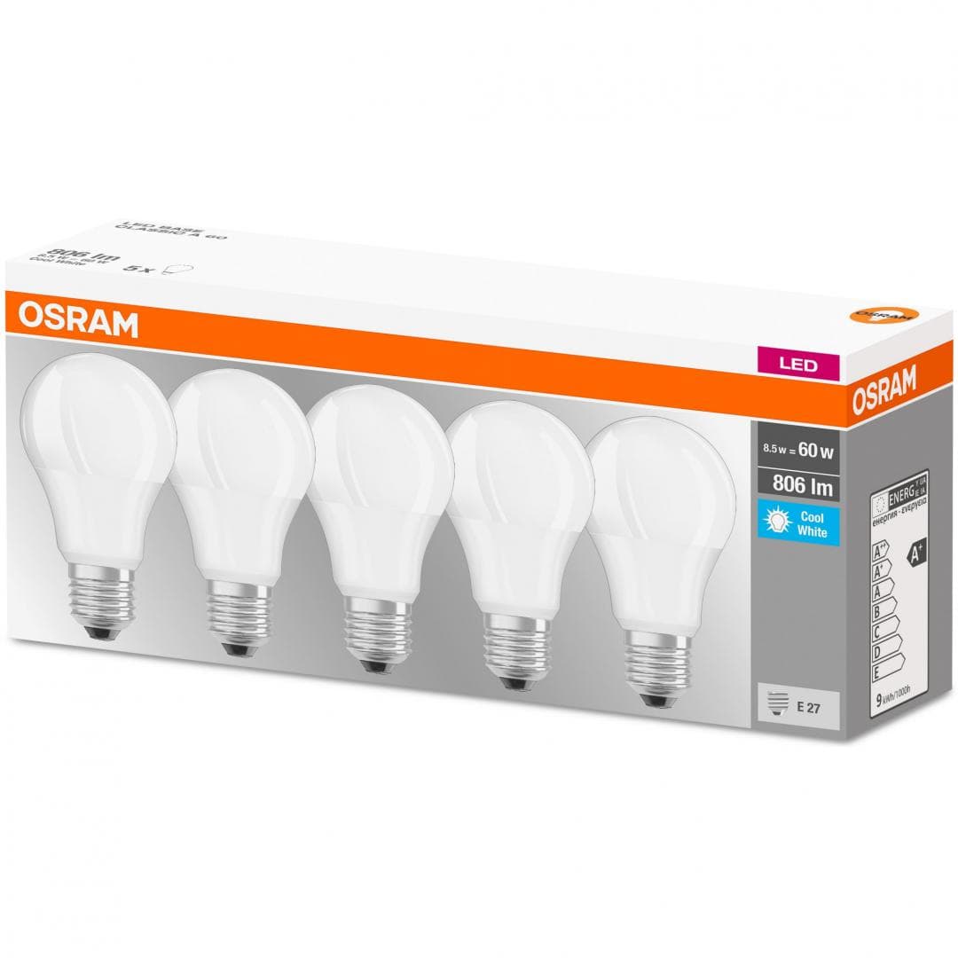 5 Becuri LED Osram Base Classic A, E27, 8.5W (60W), 806 lm, luminaneutra(4000K)