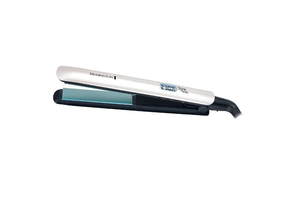 Placa de indreptat parul Shine Therapy S8500, Placi late, Invelis ceramic cu Ulei de Argan si Vitamina E, 150-235ºC, Alb