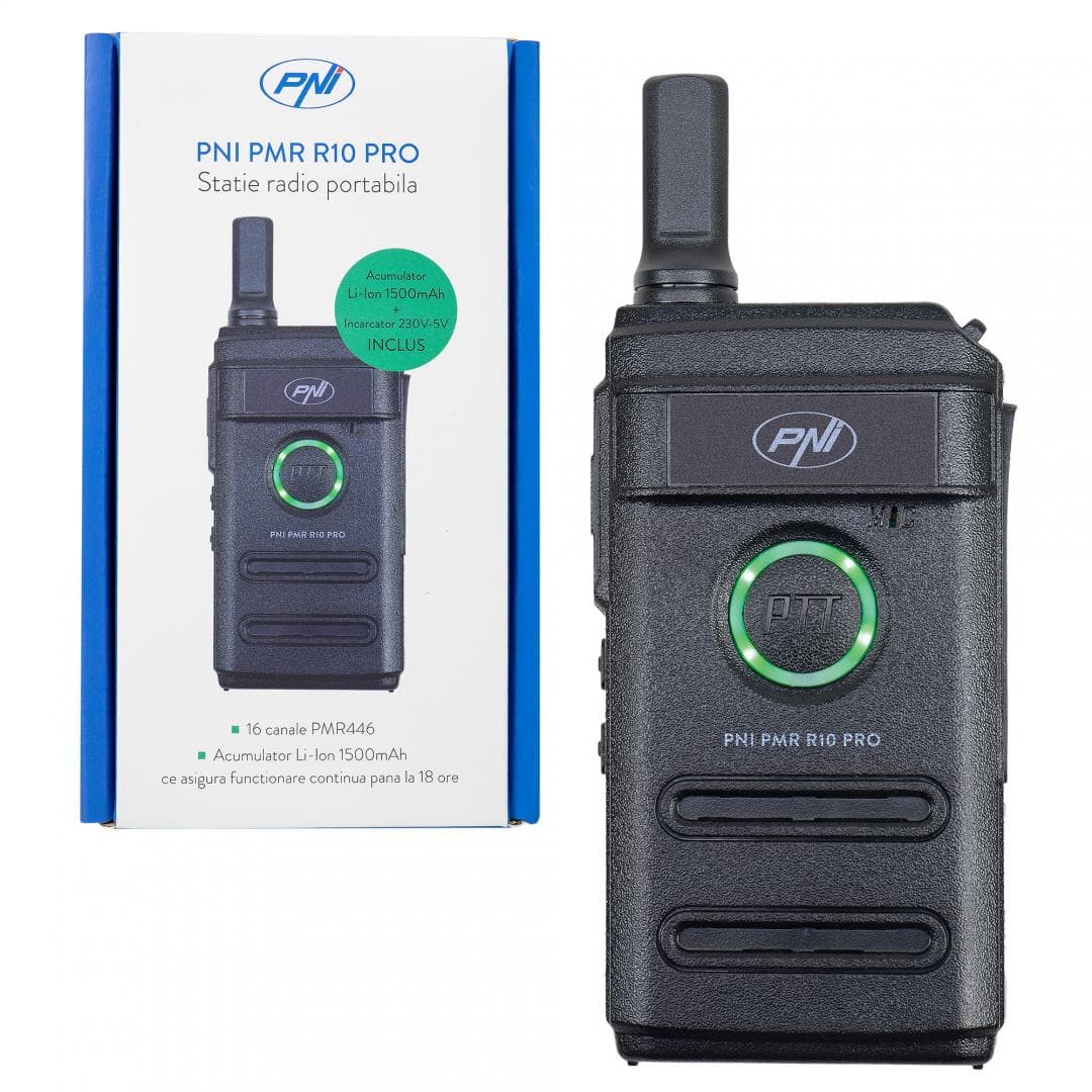Statie radio portabila PNI PMR R10 PRO, 446MHz,0.5W, Monitor, Scan, coduri CTCSS DCS, Distanta de lucru: 5km, 16 canale, Putere de emisie: 0.5w, Acumulator Li-Ion 3,7 V (1500 mAh), Dimensiuni: 52 x 20 x 122 mm (antena inclusa), Greutate: 88g