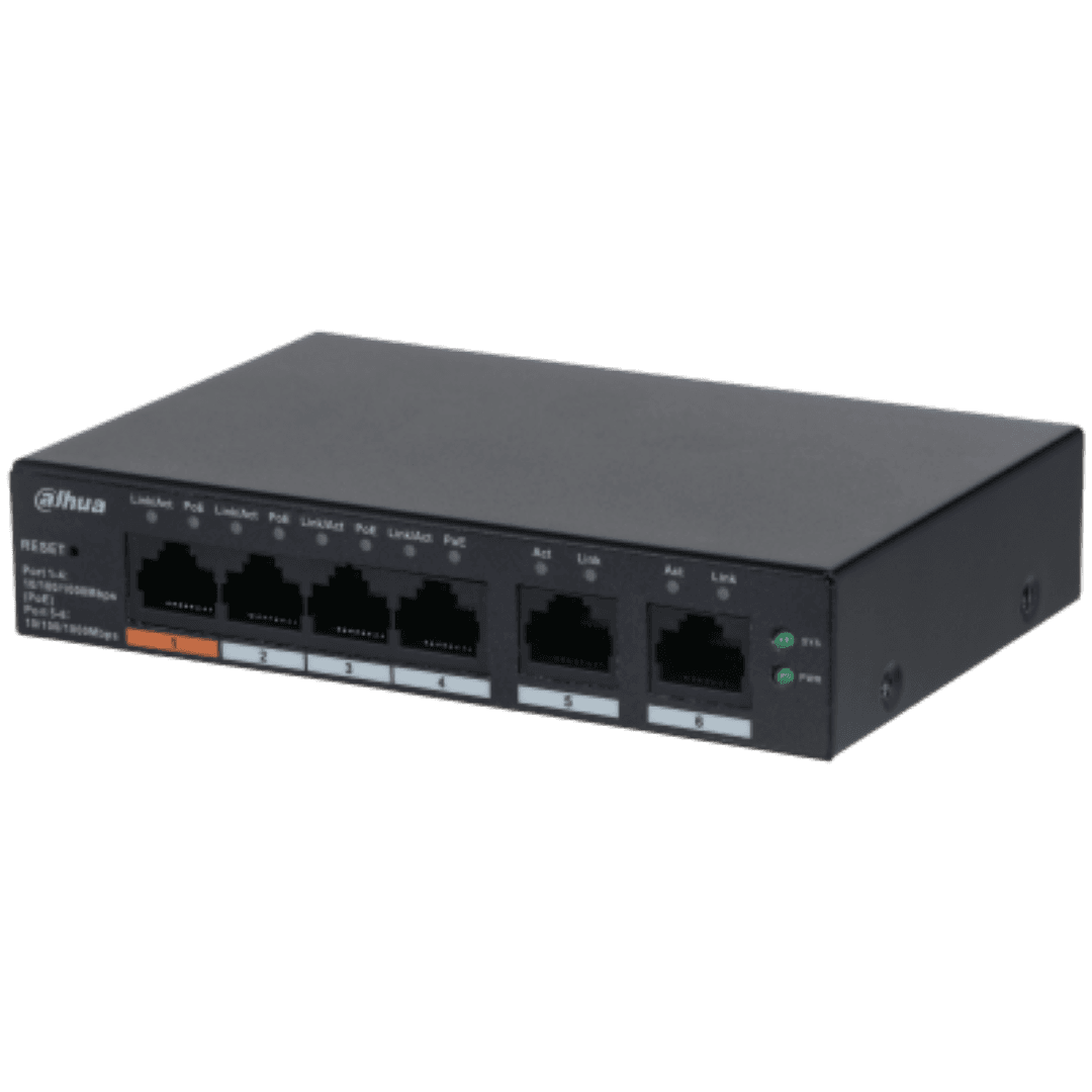 Dahua desktop switch, 6 porturi Gigabit, 4 porturi POE, CS4006-4GT-60, Port 1-4: 4 × RJ-45 10/100/1000 Mbps (POE), Port 5-6: 2 × RJ-45 10/100/1000 Mbps (uplink), Cloud managed, Layer 2, Switching Capacity: 12Gbps, Packet Forwarding Rate: 8.93 Mpps, Standarde retea: IEEE802.3; IEEE802.3u