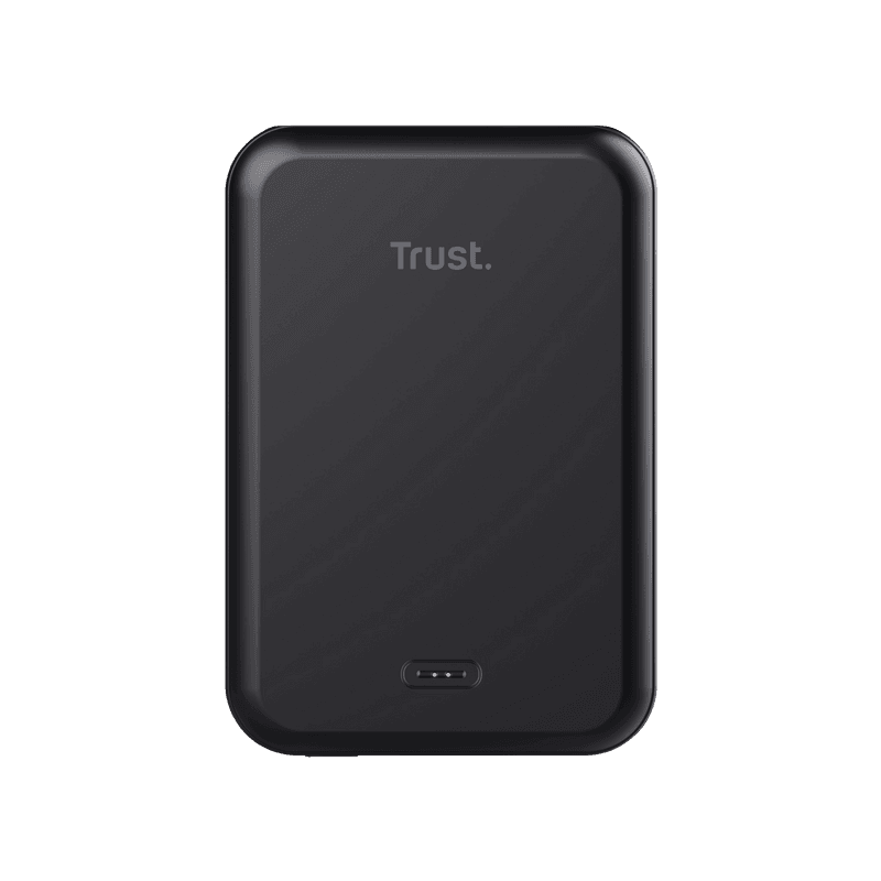 Baterie externa wireless Trust Magno, capacitate baterie 5000 mAh, 1 x porturi USB, putere maxima intrare 12W, compatibil cu telefoanele iPhone 12 sau modele mai noi cu MagSafe compatibility, Qi charging cu 7.5W, negru
