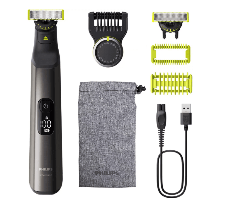 Aparat de tuns parul de pe fata si corp, Philips OneBlade Pro QP6552/15, Acumulator, Autonomie 120 min., Lungime 0, 4-10 mm, Crom