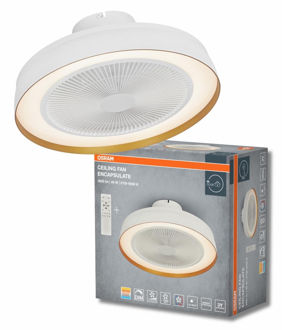 Plafoniera LED cu ventilator Osram Encapsulate cu Telecomanda, 49W, 3000lm, lumina alba (2700-6500K), dimabila, IP20, max 1900 m³/h, timer 2h-4h, Alb/Auriu