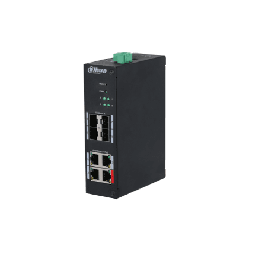 8-Port Hardened Managed Switch with 4-Port PoE > Comes with 4 × 10/100 Mbps PoE ports and 4 × SFP 1000 Mbps uplink ports > Meets the requirements of IEEE 802.3af and IEEE 802.3at power supply standards. The red port complies Hi-PoE/IEEE 802.3bt standard, orange port complies Hi-PoE standard. > PoE