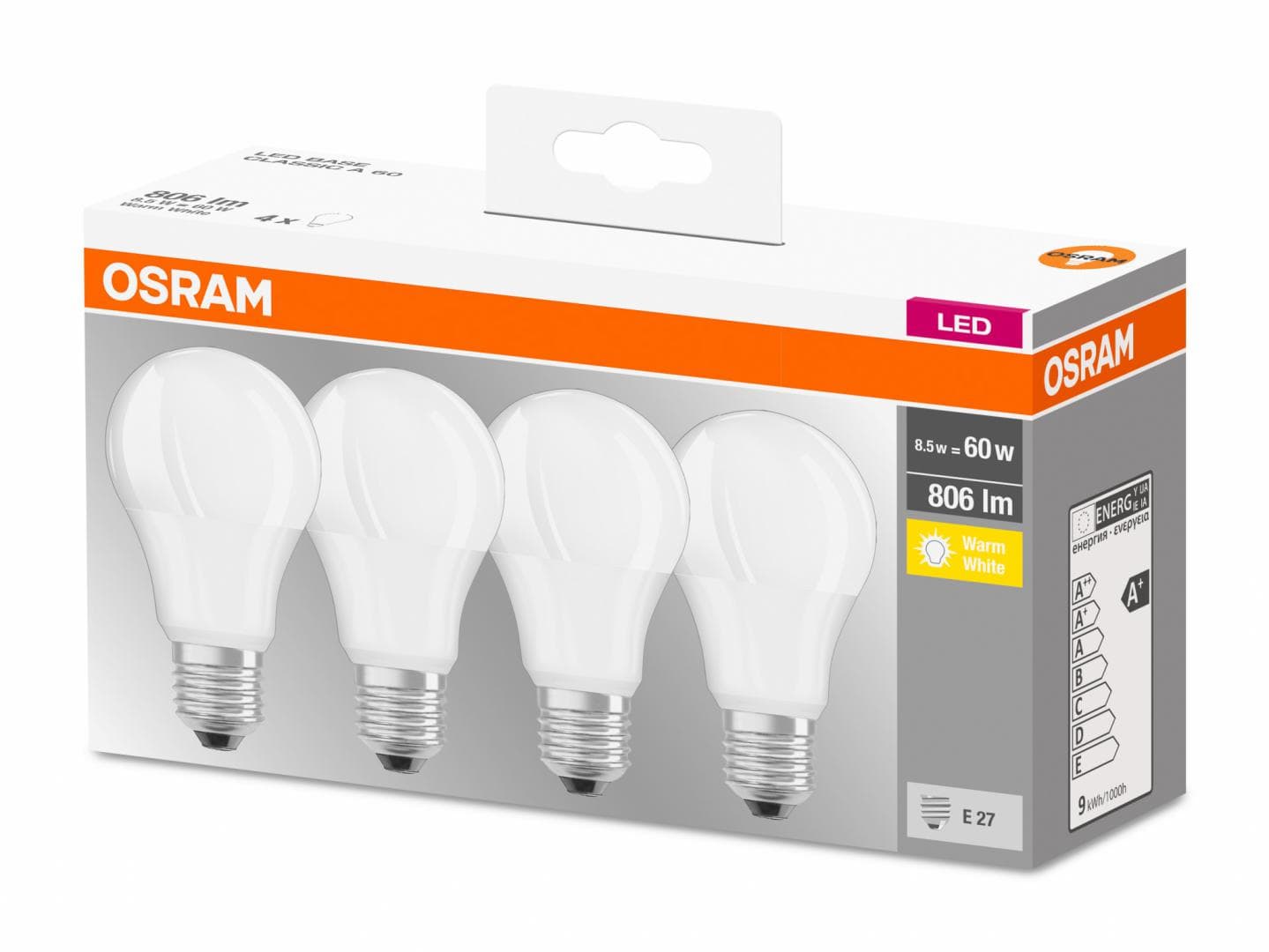 4 Becuri LED Osram Base Classic A, E27, 8.5W (60W), 806 lm, luminacalda(2700K)