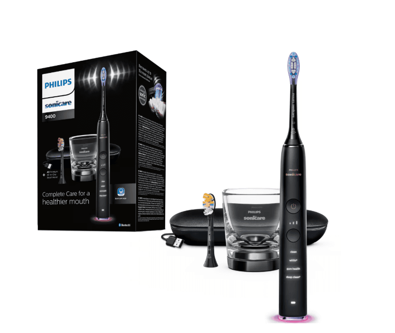Periuta de dinti sonica electrica Philips Sonicare DiamondClean 9000 HX9917/89, 62000 miscari/minut, 4 moduri de curatare, 3 nivele intensitate, senzor presiune, functia BrushSync, 2 baze de incarcare, 2 capete de periere, aplicatie Sonicare, Negru