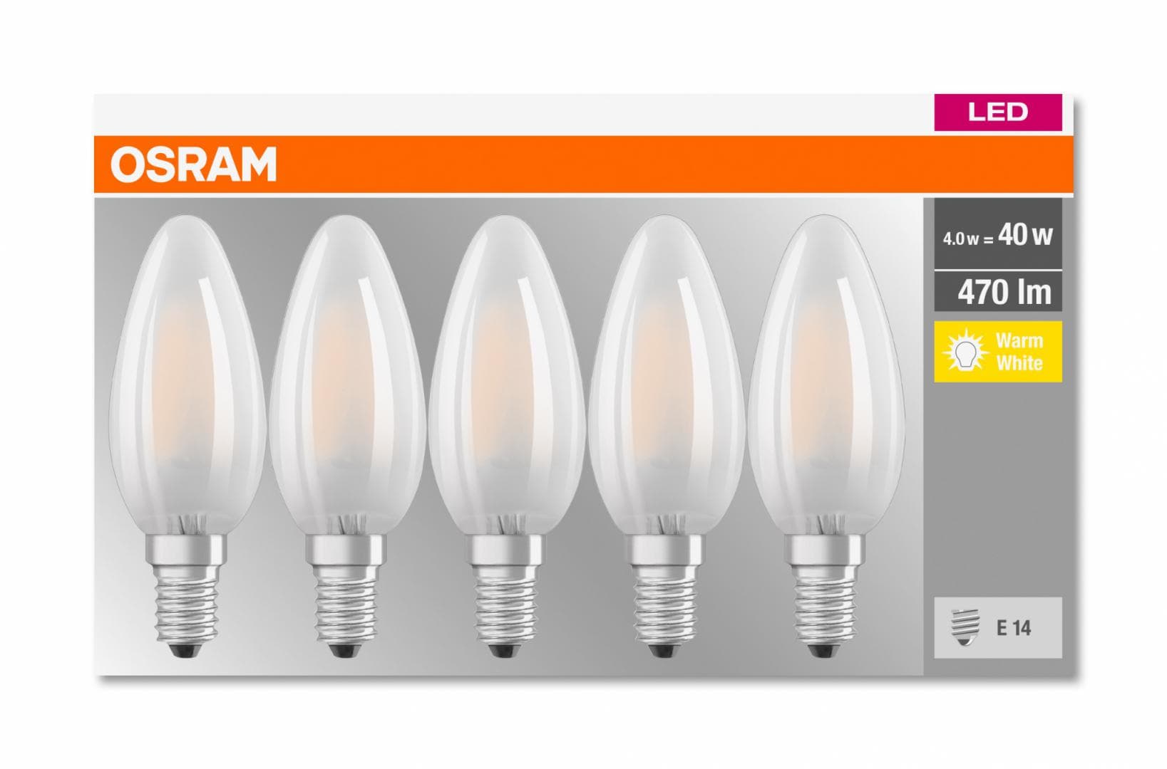 5 Becuri LED Osram Base Classic B, E14, 4W (40W), 470 lm, luminacalda(2700K), semi-transparent