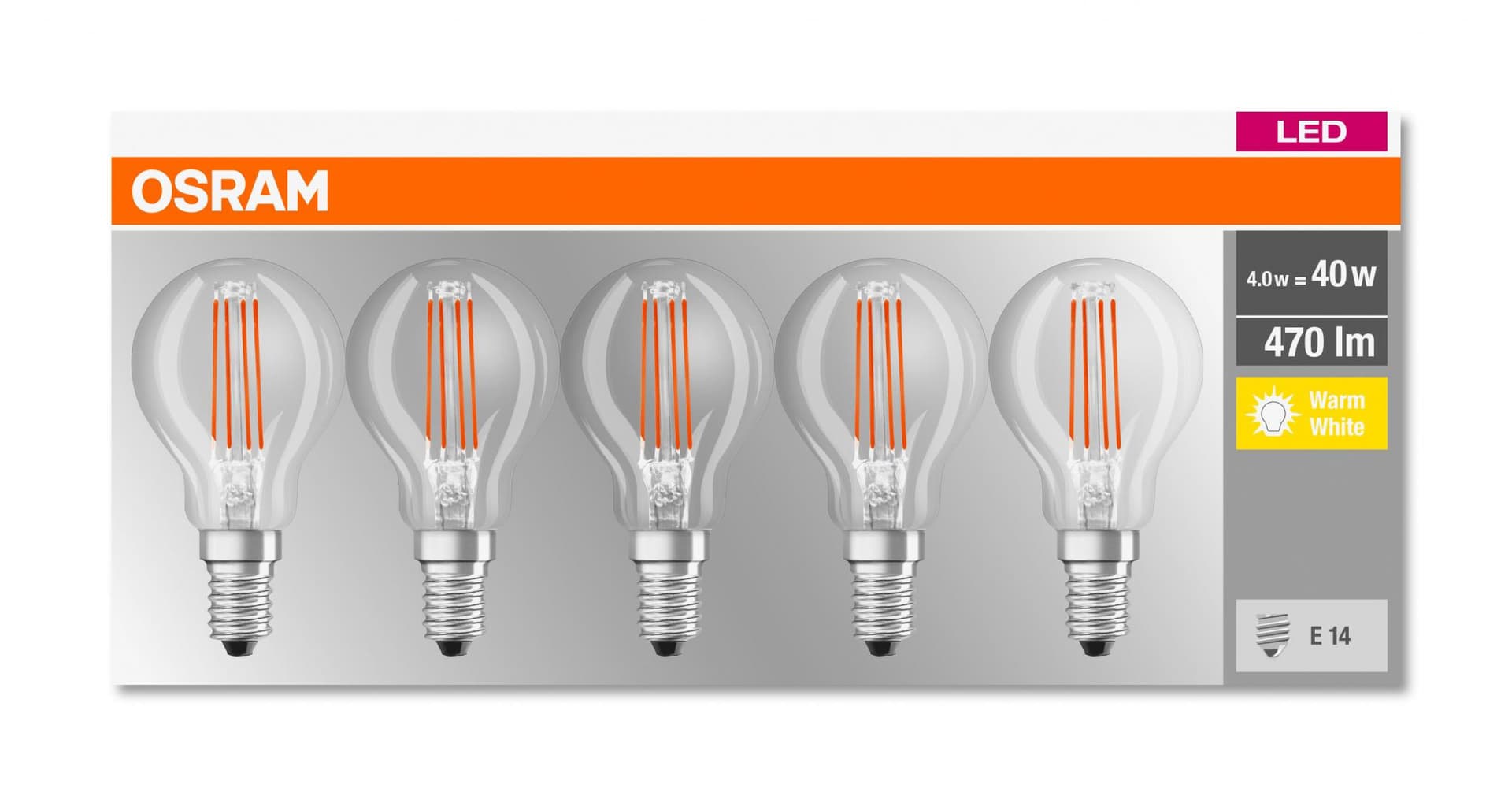 5 Becuri LED Osram Base Classic P, E14, 4W (40W), 470 lm, luminacalda(2700K), cu filament