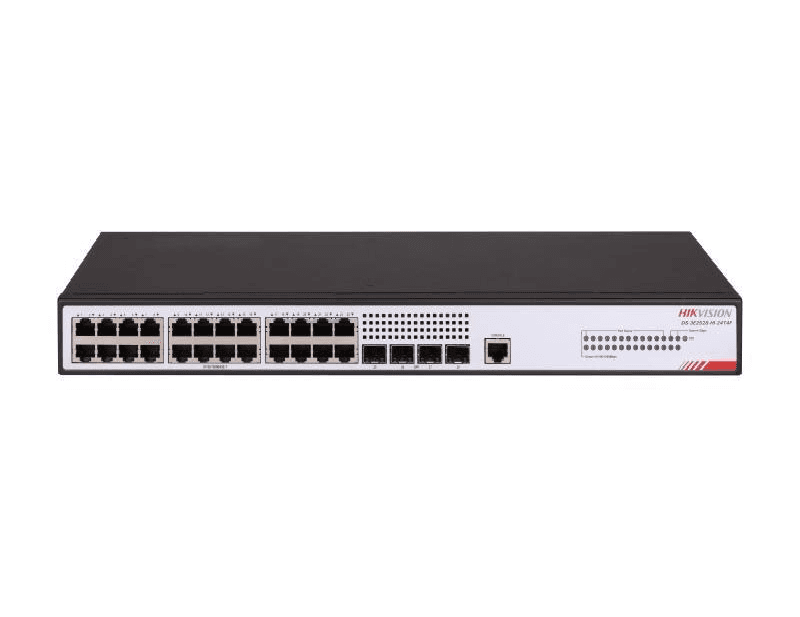 Switch Hikvision DS-3E2528-HI-24T4F: 24 × Gigabit RJ45 port,4 × Gigabit fiber optical port, capacitate: 56 Gbps, alimentare: AC:100 V~240 V AC,50/60 Hz, dimensiuni: 440.00 mm × 160.00 mm × 43.60 m, greutate: 2.1kg, instalare: rack.