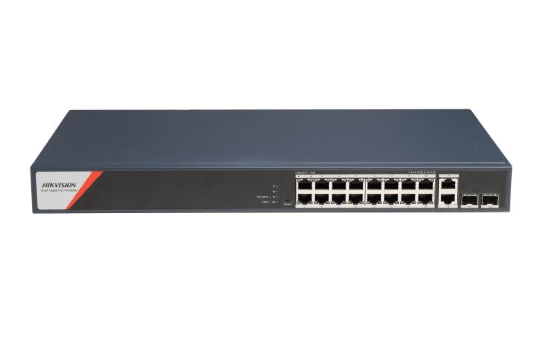 Switch PoE Hikvision DS-3E1520HP-SI-16P2T2F: 16 x 10/100/1000 PoE Ports, 2 × 10/100/1000 Mbps RJ45, 8 porturi PoE maxim 90W, buget PoE 230W, tensiune alimentare: 100-240V~ 50/60Hz 4 A, dimensiuni: 440 mm × 44 mm × 220.8 mm, greutate: 2.73kg, montare pe birou sau in rack.
