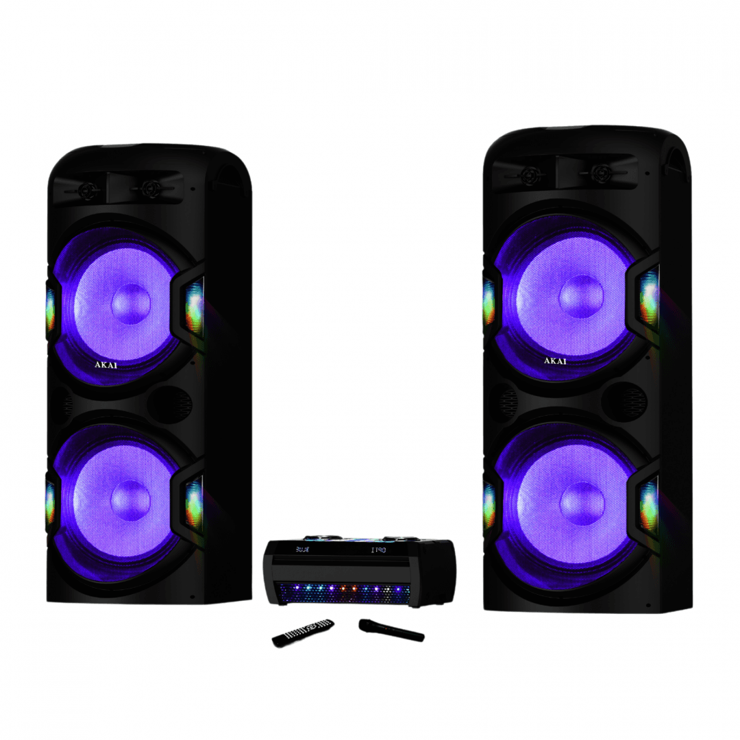 Sistem audio dual cu amplificator Akai, bluetooth V5.0, difuzoare 4 x woofere de 15" și 4 x tweetere de 1.5", frecventa de raspuns 20Hz - 20KHz, sistem de lumini LED pentru karaoke, afisaj LED dublu, un microfon inclus, 2 x port USB, 2 x slot SD, 2 x AUX, 2 x intrari optice, sistem de lumini LED